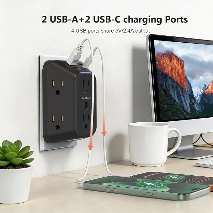 Multi Plug Outlet Surge Protector with Night Light, 6 Outlet Splitter with 4 USB Ports (2 USB C), 4 Sided 1050j Surge Protector Power Strip for Home Office Dorm Essentials-Black