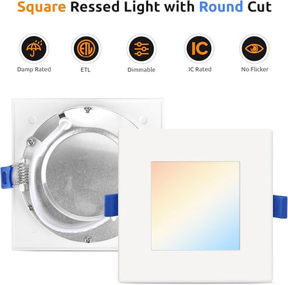 HONZIN 12 Pack 6 Inch Square LED Recessed Lighting, 5CCT Ultra-Thin LED Ceiling Lights, 2700K/3000K/3500K/4000K/5000K Selectable, 13W, IC Rated, Dimmable White Square Trim with Junction Box