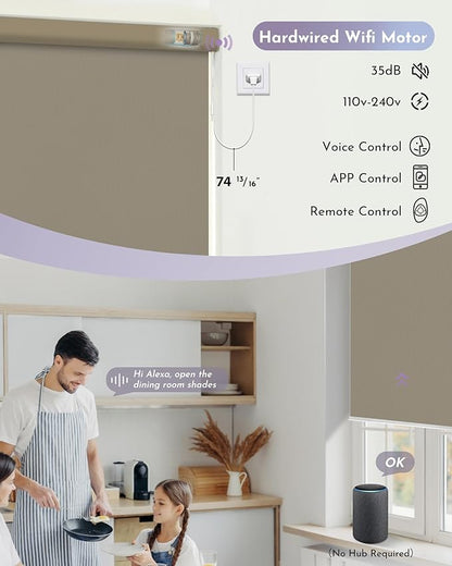 Graywind Motorized Roller Shade 100% Blackout Work with Alexa Google Waterproof Vinyl Fabric Remote Control Hardwired Window Shades Window Blinds, Customized Size (Coffee)