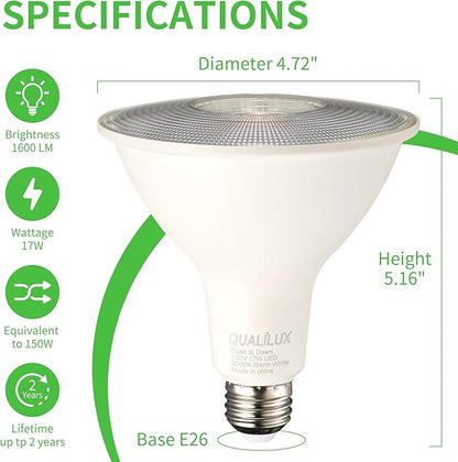Qualilux PAR38 Dusk to Dawn LED Flood Light Bulbs, Daylight White 5000K, 150W Equivalent 17W, 1700LM, Auto On/Off Light Sensing Outdoor Light Bulb, 2 Pack, Non-Dimmable, HQ-H033