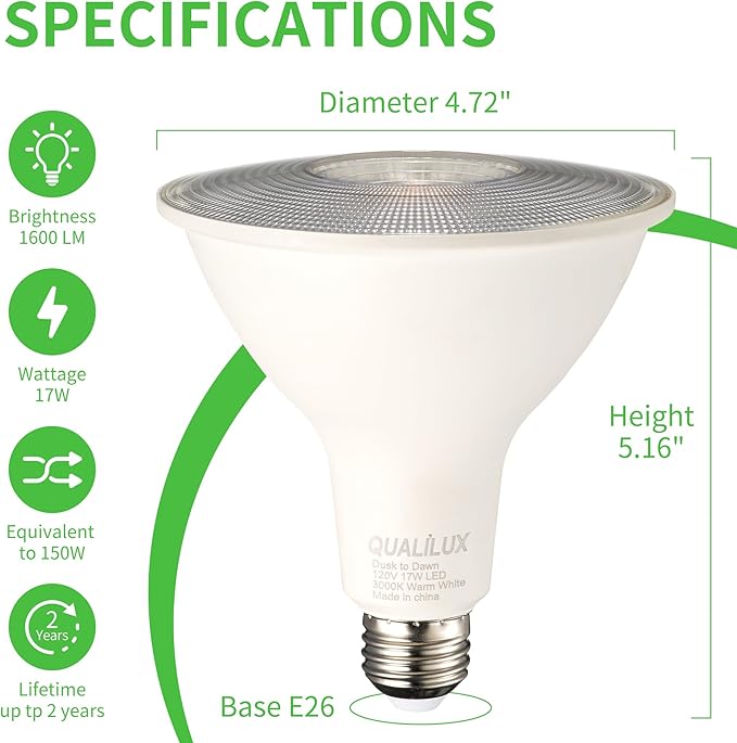 Qualilux PAR38 Dusk to Dawn LED Flood Light Bulbs, Warm White 3000K, 150W Equivalent 17W, 1600LM, Auto On/Off Light Sensing Outdoor Light Bulb, 2 Pack, Non-Dimmable, HQ-H034