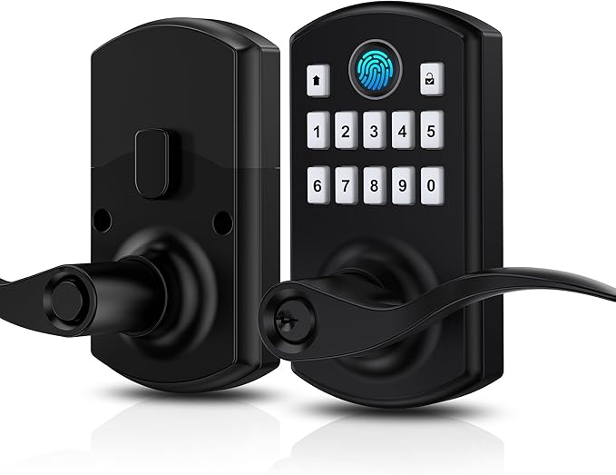 Hidalife Fingerprint Keypad Door Lock with Handle, Keyless Entry Door Lock for Front Door, Easy Passage Mode, Electronic Door Lock with Code, Matte Black