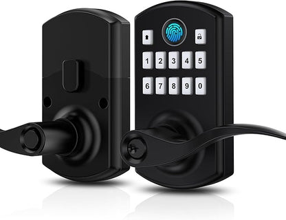Hidalife Fingerprint Keypad Door Lock with Handle, Keyless Entry Door Lock for Front Door, Easy Passage Mode, Electronic Door Lock with Code, Matte Black