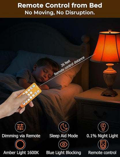 Sleep Light Bulbs Amber 1600K with Remote Control, E26 Blue Light Blocking A19, 9W for Sleep Therapy, Baby Nursery, Bedroom (6 Pack)