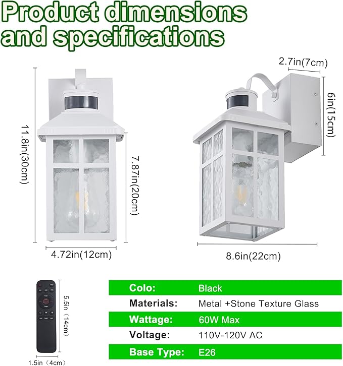 Porch Light with Outlet and Remote Control - Plug in Outdoor Wall Lights with GFCI Exterior Lighting Fixtures Adjustable 3 Sensitivity Levels and 1-10min Delay for Porch, Patio, Entryway(White）