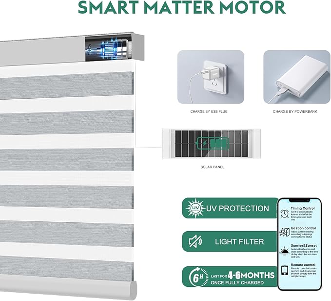 Motorized Zebra Blinds with Remote [Dual Layer + Light Filtering] 90% Blackout Smart Shades for Indoor Windows, Alexa Google and HomeKit Compatible, Customized Size, Shadow Mist