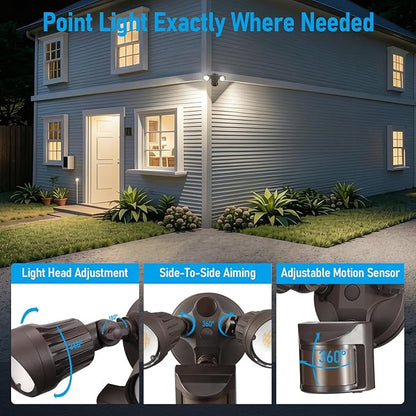 LEONLITE 3CCT LED Security Light, Motion Sensor Outdoor Lights, Dusk to Dawn, ETL Listed, Adjustable Heads, 3000K4000K5000K Selectable, Motion Detector Flood Light, Aluminum, IP65 Waterproof, Bronze