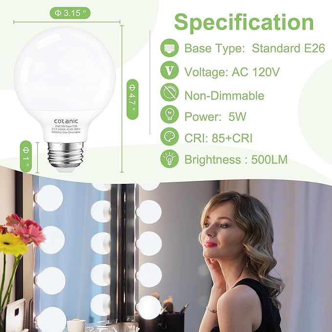 Cotanic G25 LED Globe Light Bulbs,E26 Standard Base,5W,60 Watt Incandescent Equivalent,500LM,Non-Dimmable, 12 Pack Vanity Light Bulb for Bathroom 4000K Daylight