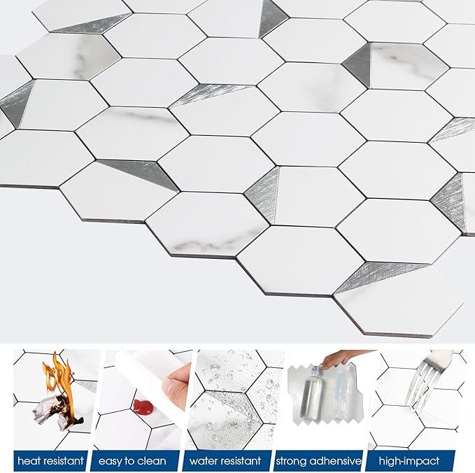 20-Sheet Hexagon Peel and Stick Backsplash Tile,12.2x11.54inches Marble White Mixed Silver Metal 3D PVC Wall Tiles Stick on Backsplash for Kitchen and Bathroom
