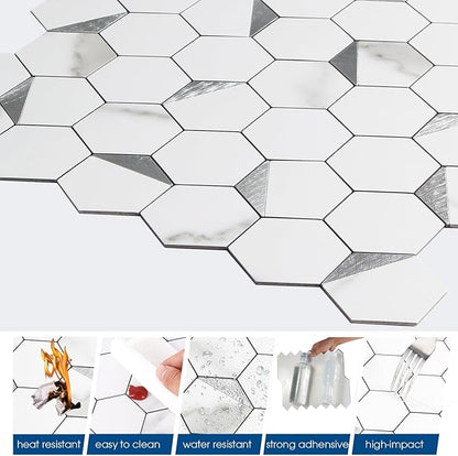 10-Sheet Peel and Stick Tiles for Kitchen Backsplashes, Hexagon 12.2x11.54 inches Marble White Mixed Silver Metal 3D PVC Wall Tile Stick on Backsplash for Bathroom Waterproof