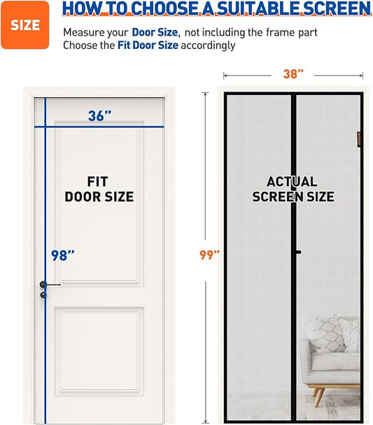 MAGZO Magnetic Screen Door Fit Door Size 36 x 98 Inch, Screen Size 38" x 99" Strong Magnets Mesh, Reinforced Fiberglass Net for Patio and Front Entrances, Gray