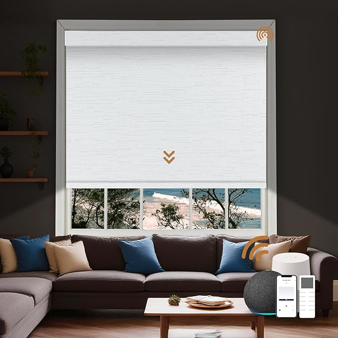 Motorized Blinds with Remote, Custom Automatic Electric Blackout Smart Blinds for Windows, Motorized Window Roller Shades Compatible with Alexa Google for Home Office, Jacquard Fabric White