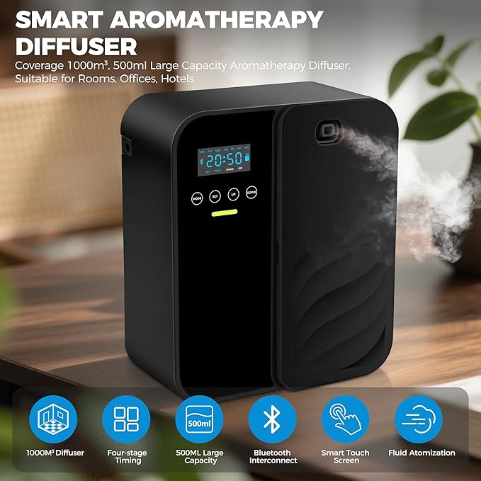 Waterless Essential Oil Diffuser，Hotel Scent Diffuser，500ml Large Capacity，5000sq.ft.，Waterless Diffuser for Home & Hotel Use，Black