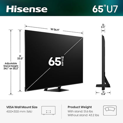Hisense 65" U7 Mini-LED ULED 4K UHD Best Premium Gaming Smart Google TV (65U7SG, 2026 NEW) - Hi-QLED, Native 165Hz, VRR 330, HDR10+, Dolby Vision IQ · Atmos, IMAX Enhanced, Anti-Reflection, 2.1.2 Ch