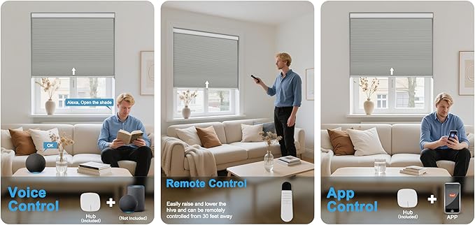 BERISSA Motorized Cellular Shades, Blackout Smart Honeycomb Blinds with Remote Control & Hub, Custom Room Darkening Automatic Cellular Window Blinds for Home Office, Living Room, Door,Gray
