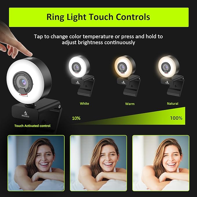 NexiGo N960E 1080P 60FPS Webcam with Light, Software Included, Fast AutoFocus, Built-in Privacy Cover, USB Web Camera, Dual Stereo Microphone, for Zoom Meeting Skype Teams Twitch