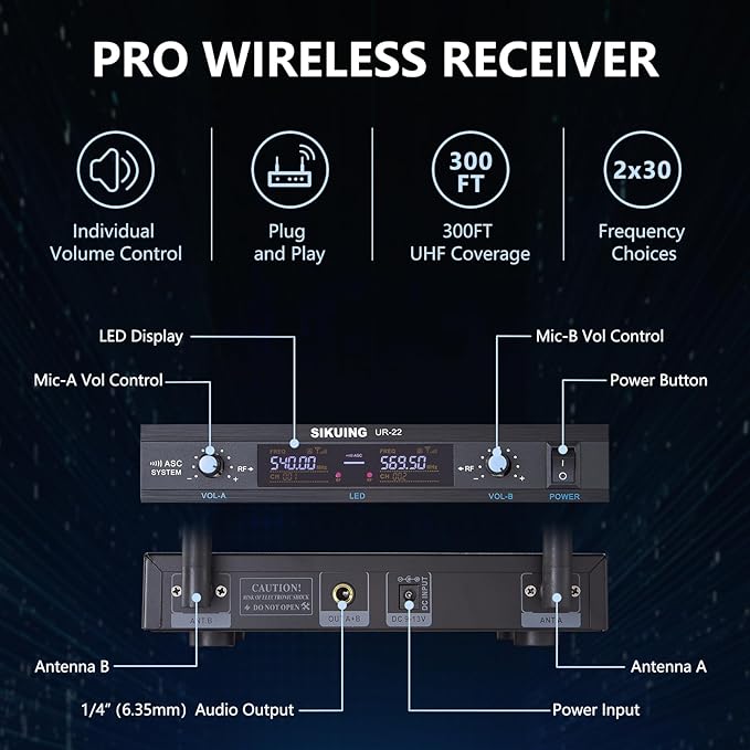 Wireless Microphone System, Metal Dual Pro UHF Cordless Dynamic Mic, 2x30 Adjustable Frequencies, Handheld Microphone System for Home Karaoke, Meeting, Church, 300ft Range (2 Handheld)