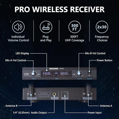 Wireless Microphone System, Metal Dual Pro UHF Cordless Dynamic Mic, 2x30 Adjustable Frequencies, Handheld Microphone System for Home Karaoke, Meeting, Church, 300ft Range (2 Handheld)