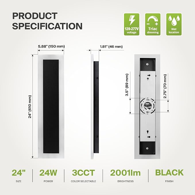 ASD LED 24" Long Wall Mount Light Fixture, Outdoor & Indoor Linear Sconce | 3CCT, Dimmable, Waterproof, Anti-Rust, ETL Listed | 24W 2000LM 3000-5000K 100-277V | Exterior Porch Lighting | Black