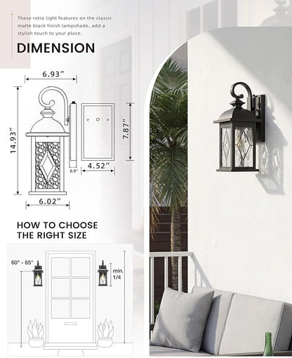 FEMILA Dusk to Dawn Outdoor Front Porch Light, 15" Exterior Waterproof Wall Light Fixtures, Matte Black Finish with Hammered Glass, E26 Socket, 4FD54B-PC BK-SD