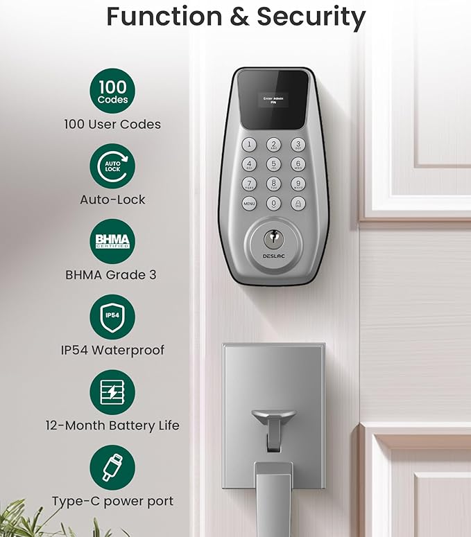 DESLOC C100 Keyless Entry Door Lock with Handle Set, Smart Deadbolt Lock for Front Door with 2 Keys, Auto Lock, 100 PIN Codes, Passage Mode, IP54 Waterproof, 12 Months Battery, Sliver