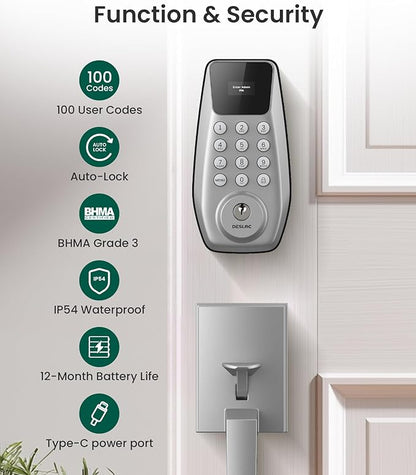 DESLOC C100 Keyless Entry Door Lock with Handle Set, Smart Deadbolt Lock for Front Door with 2 Keys, Auto Lock, 100 PIN Codes, Passage Mode, IP54 Waterproof, 12 Months Battery, Sliver