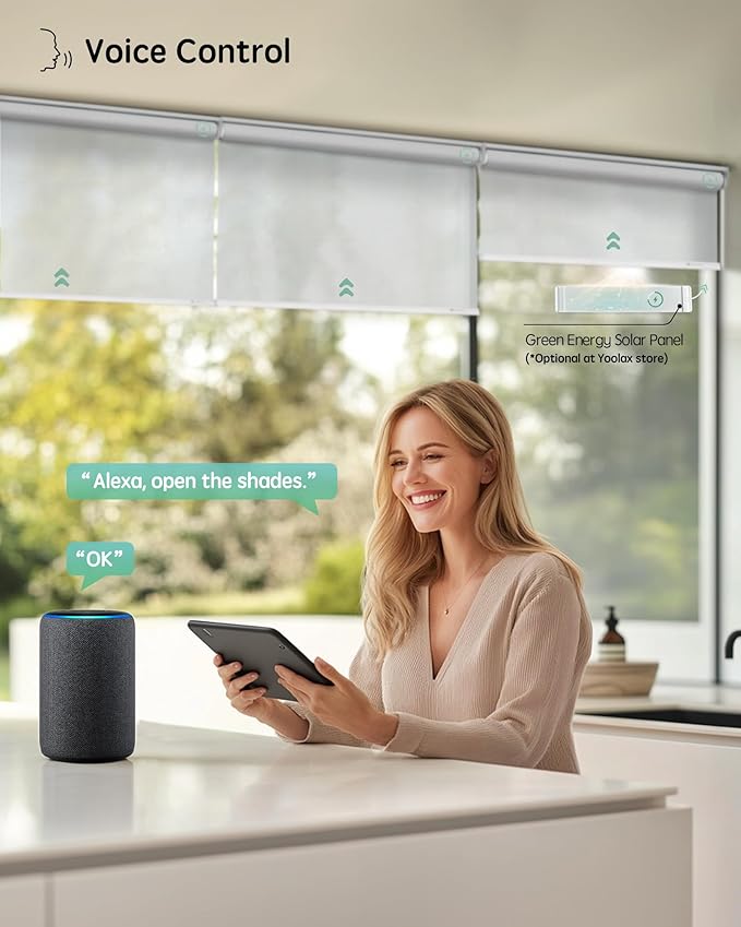 Yoolax Motorized Blinds with Remote, Sheer Smart Roller Shades Work with Alexa, Google, Apple Homekit, Custom Automatic Shades with Voice Control for Living Room (Airy White)