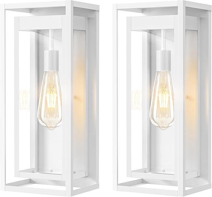 19" White Outdoor Light Fixture, 2 Pack Large Size Outdoor Sconce Lights with Clear Glass Shade, Waterproof Porch Lighting Exterior Light Fixture for Front Door, Garage