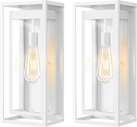 19" White Outdoor Light Fixture, 2 Pack Large Size Outdoor Sconce Lights with Clear Glass Shade, Waterproof Porch Lighting Exterior Light Fixture for Front Door, Garage