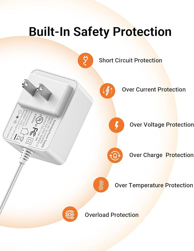Anlapus DC 12V 2A US Power Adapter for CCTV Security Camera, 5.5mm x 2.1mm Plug, 3.28ft Long Cords, 100V-240V, 12 Volt 2 Amp Power Supply for DVR NVR Home Surveillance Systems - White