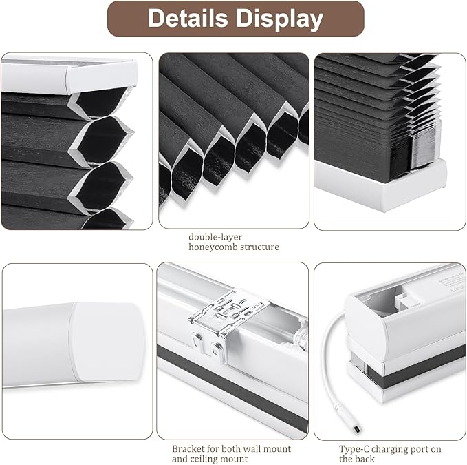 Godark Motorized TDBU Cellular Shades with Remote Control Smart Honeycomb Blinds Compatible with Alexa Google Home Smarthings Custom Double Cellular Blackout for Indoor Windows Doors-Black