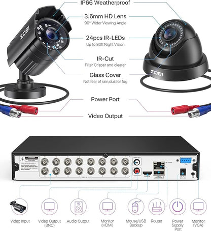 ZOSI 16CH 1080P Surveillance Cameras System 16 channel security video DVR and (8) Bullet Cameras (4) Dome Cameras with 2TB Hard Drive for Outdoor Indoor Security support motion detection remote access
