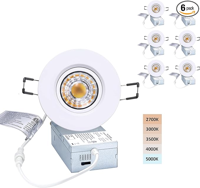 POPANU Canless Recessed Gimbal Downlight Rotatable-Spotlight 5 CCT 3 Inch Eyeball Ceilling Potlight, Dimmable Recessed Lights Fixture with Junction Box, 8W CCT Adjustable, White Round Trim, 6 Pack
