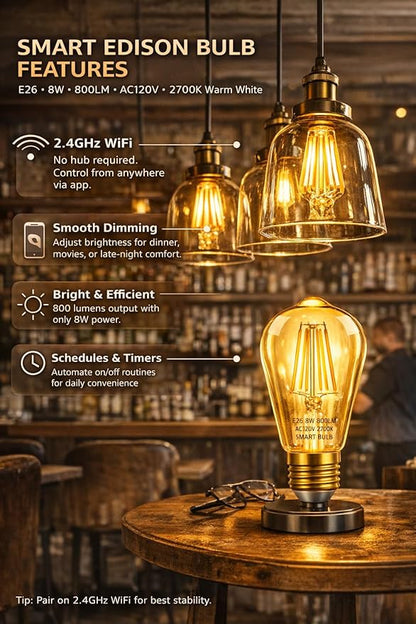 Smart Bulbs LED Smart Light Bulb WiFi Dimmable No Hub Required Edison Vintage WiFi Edison Smart Bulb ST19 Vintage Filament Smart Bulb E26 Base Soft Warm Amber No Hub Required