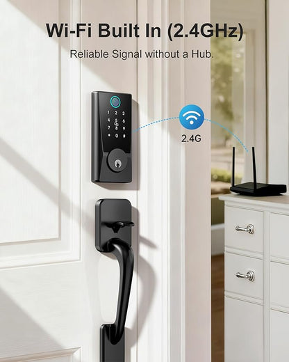 WiFi Smart Lock with Handleset, Built-in WiFi Door Lock, Keyless Entry Deadbolt for Front Door, Fingerprint, App & Remote Control, Compatible with Alexa & Google Assistant, Auto Locking