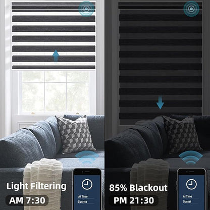 SmartWings Motorized Zebra Blinds with Remote, Custom Size Smart Electric Roller Shades for Windows, Automatic Light Filtering Dual Layer, Cordless Battery Motor, 95mm 85% Blackout Graphite