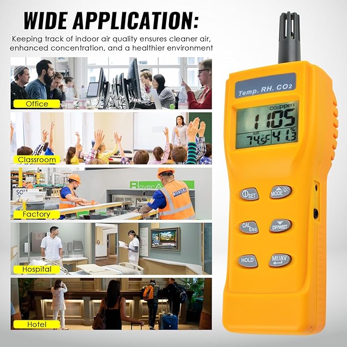 CO2 Meter Handheld CO2 Detector, 0-9999ppm Digital CO2 Monitor Temperature and Humidity Meter Carbon Dioxide Detector with NDIR Sensor Buzzer Alarm and Clibration Function for Home Grow Room