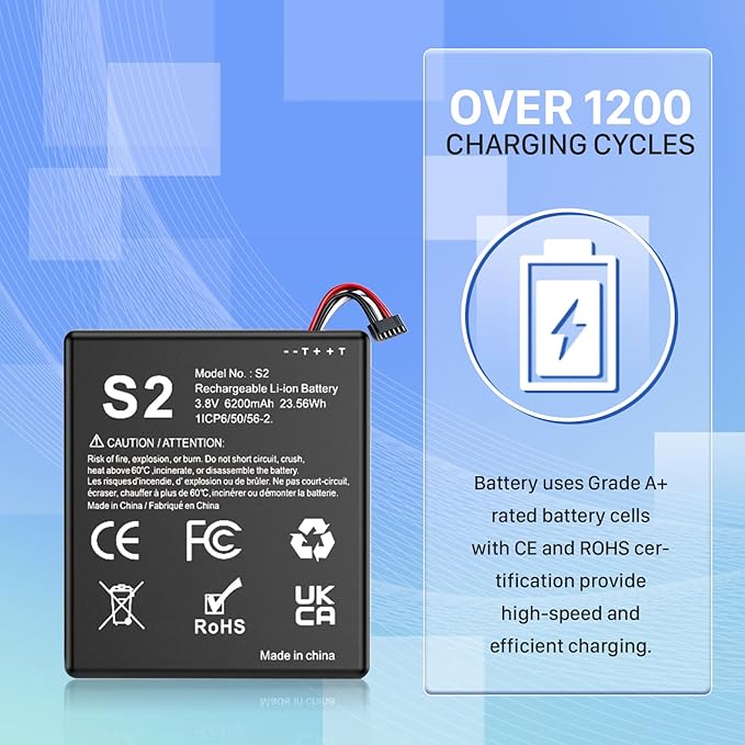 Replacement Battery for S2, 6200mAh Ultra High Capacity Li-ion Battery for Ring Video Doorbell 2nd Generation 1ICP6/50/56-2, 5UM5E5, (6 Cable Plug Version Only) 2-Pack