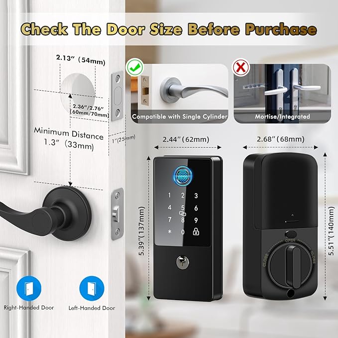 Biometric Smart Lock Deadbolt. Keyless Entry Door Lock with App Control & Remote Code Generation, Electronic Fingerprint Keypad for Home Airbnb Rental. Auto-Lock Anti-Peep Matte Black