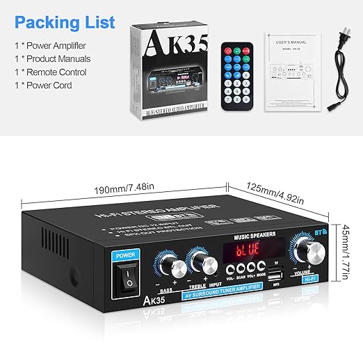 Home Audio Amplifier AK-35 HiFi Bluetooth 5.0 Mini Stereo Power Amp Receivers 2.0 Channel RMS 30W x 2 Max. 200W Output with USB,AUX,FM Radio for Home Theater Speakers System
