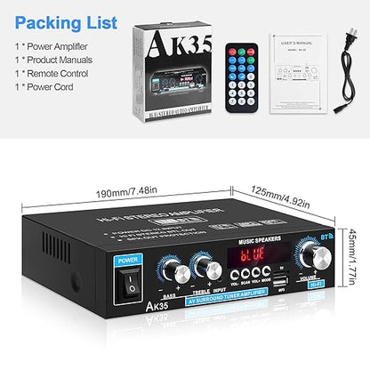 Home Audio Amplifier AK-35 HiFi Bluetooth 5.0 Mini Stereo Power Amp Receivers 2.0 Channel RMS 30W x 2 Max. 200W Output with USB,AUX,FM Radio for Home Theater Speakers System