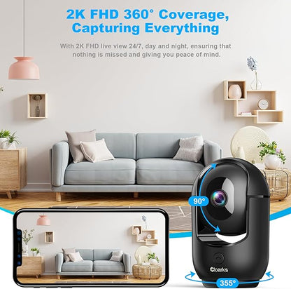 Cloarks 2K Pan/Tilt Security Camera, WiFi Indoor Cameras for Home Security with AI Motion Detection, Pet/Dog/Baby Camera with Phone App, 2-Way Audio, 24/7, Siren, TF/Cloud Storage，Black