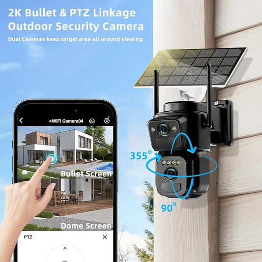 4K Solar Security Cameras Wireless Outdoor Battery Powered, 2.4GHz Dual Lens Bullet & 360° PTZ Outdoor Security Camera with Solar Panel, Digital Zoom, Night Vision,PIR Sensor (1Pack)