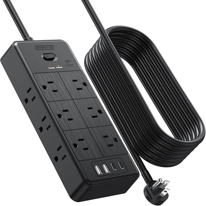 NTONPOWER Long Cord Power Strip 10 FT, Extension Cord with 12 Outlets & 4 USB Ports (2 USB C), 3 Side Multiple Outlet Extender, Flat Plug Wall Mounted for Home Office