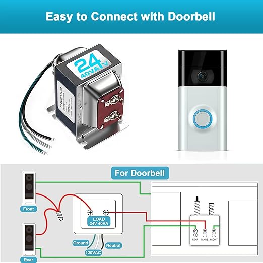 24V 40VA Doorbell Transformer for Ring Video Doorbells, Compatible with Ring, Nest Hello, Wyze and Eufy Video Doorbells, Power Supply for Nest, Ecobee, Sensi and Honeywell Thermostat