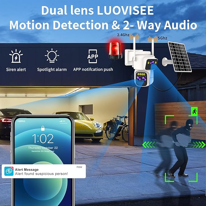Triple-Lens Solar Security Cameras Wireless Outdoor, 360 PTZ Cameras for Home Security with 10x Hybrid Zoom, 5G/2.4G WiFi, No Month Fee, PIR Alarm, Full Color Night Vision, Two-Way Audio, IP65