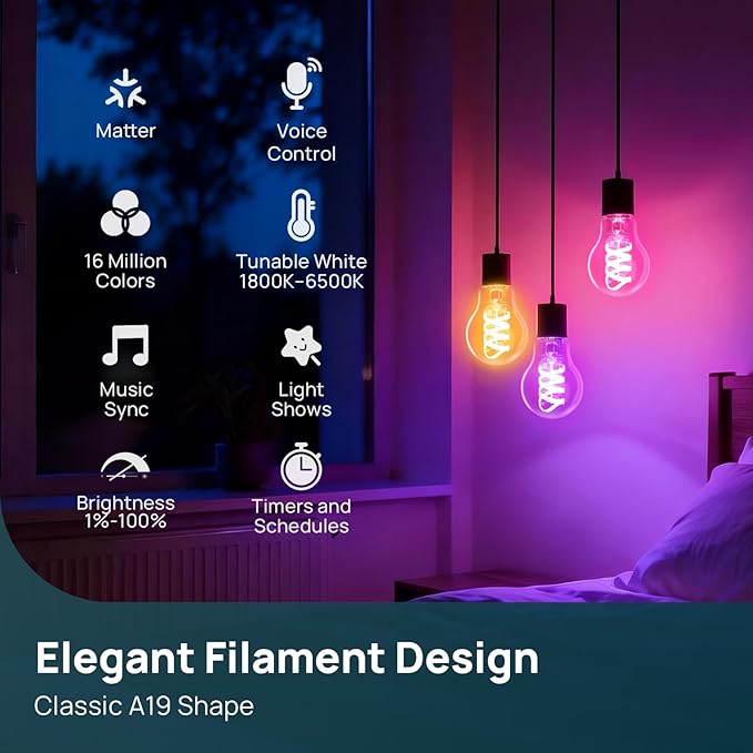 Linkind Matter Smart Light Bulbs, Compatible with Alexa/Apple Home/Google Home, A19 Smart Edison Bulb with Music Sync & Light Show, Warm&Daylight White(1800K-6500K), E26 LED 60W Eqv 850LM, 1Pack