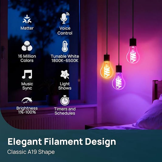 Linkind Matter Smart Light Bulbs, Compatible with Alexa/Apple Home/Google Home, A19 Smart Edison Bulb with Music Sync & Light Show, Warm&Daylight White(1800K-6500K), E26 LED 60W Eqv 850LM, 1Pack