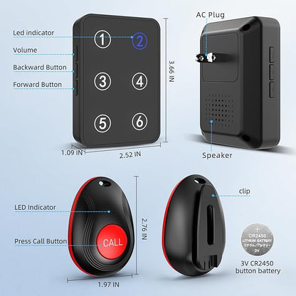 CallToU Wireless Call Button Caregiver Pager Nurse Call System for Elderly/Patients at Home/Hospital with Voice Announcements and LED Number Display (6 Waterproof Call Button & 2 Receiver)