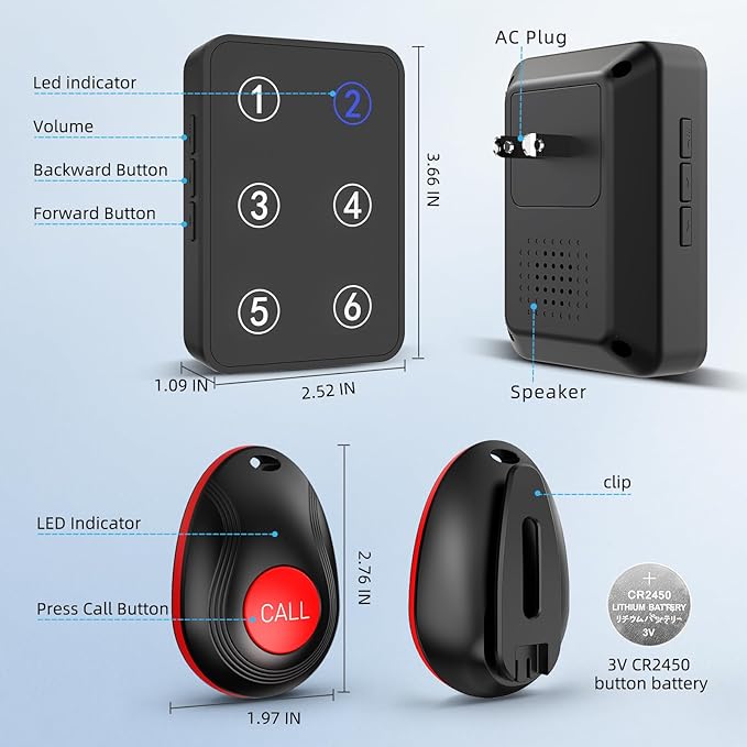 CallToU Wireless Call Button Caregiver Pager Nurse Call System for Elderly /Patients at Home /Hospital with Voice Announcements and LED Number Display (6 Waterproof Call Button & 1 Receiver)